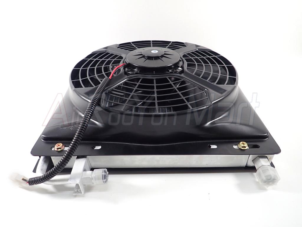 แผงแอร์รถยนต์ ขนาด 14 x 14 นิ้ว หนา 26 มม. หัวโอริง พร้อมพัดลม 24V (พัดลมเป่า) พัดลม : 24V แบบเป่า